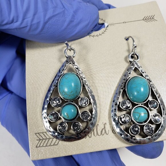 Water Drop Shape Hammered Silver-tone Turquoise Stone, Crystal Teardrop Earrings - Picture 8 of 8
